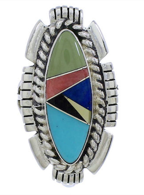 Southwestern Multicolor Inlay Sterling Silver Ring Size 6-3/4 TX40763